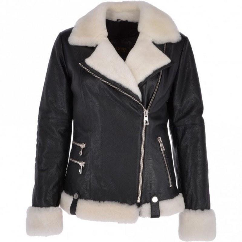 Women Biker Genuine Leather Jacket Side Zip with Sheepskin Collar Luxury